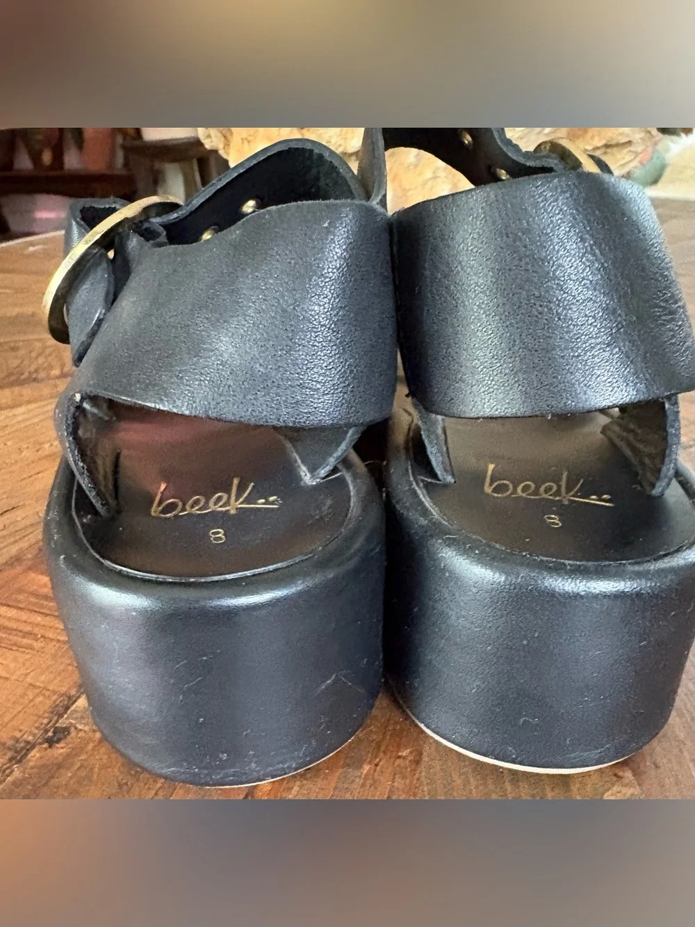 Beek Swan Black Leather Platform Sandals with gold buckles 8